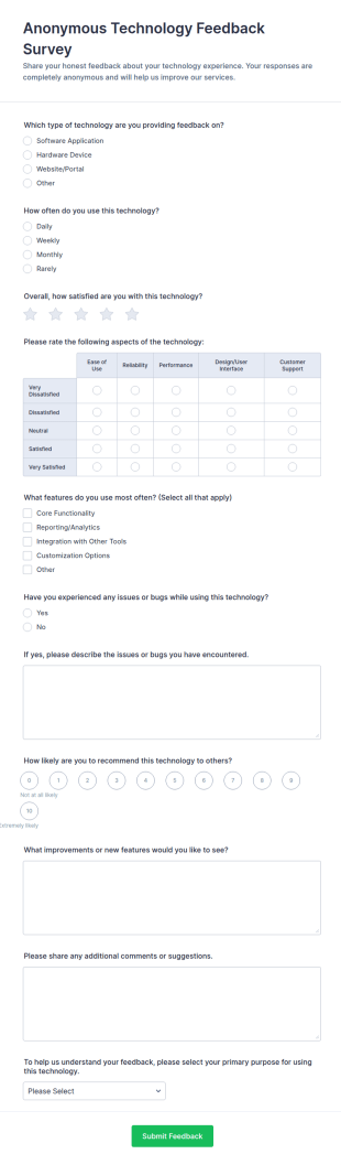 Anonymous Technology Feedback Survey Form Template