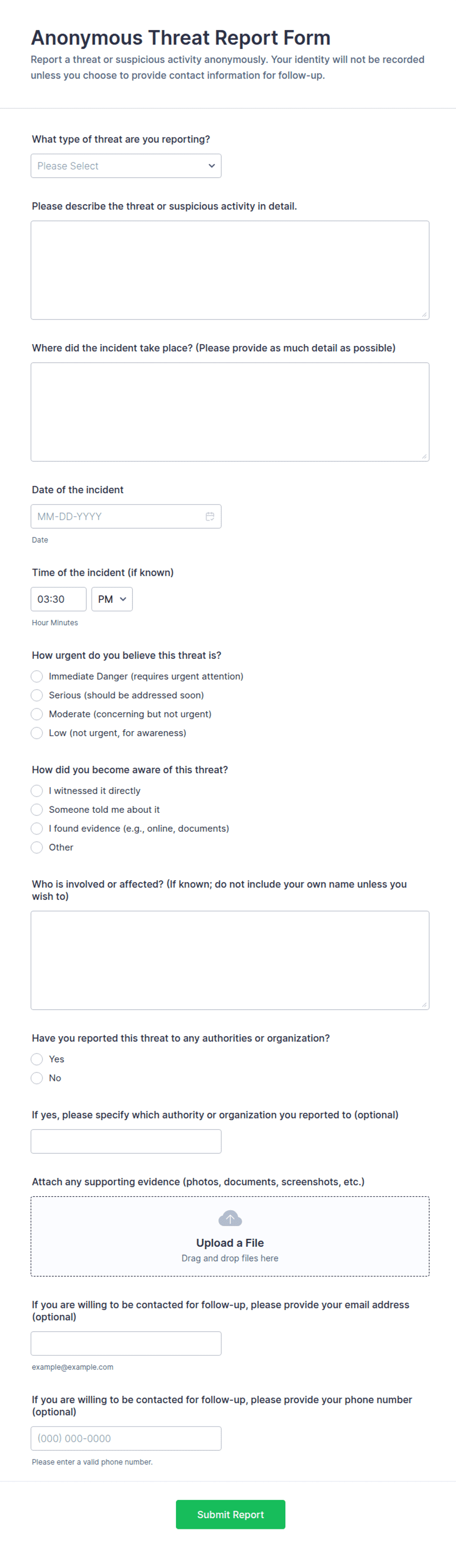 Anonymous Threat Report Form Template | Jotform