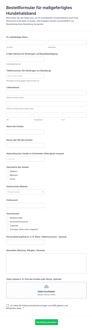 Anpassungsformular Für Individuelle Kragenbestellung