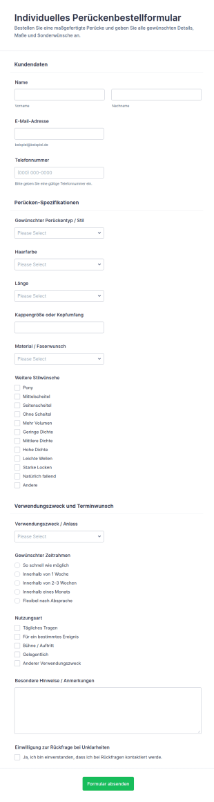 Anpassungsformular Für Perückenbestellung