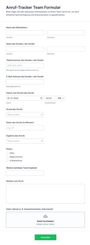 Anruf Tracker Team Formular