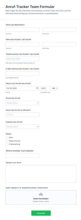 Anruf Tracker Team Formular
