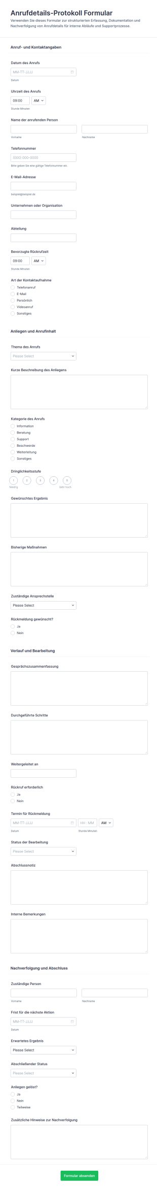 Anrufdetails Erfassung Formular