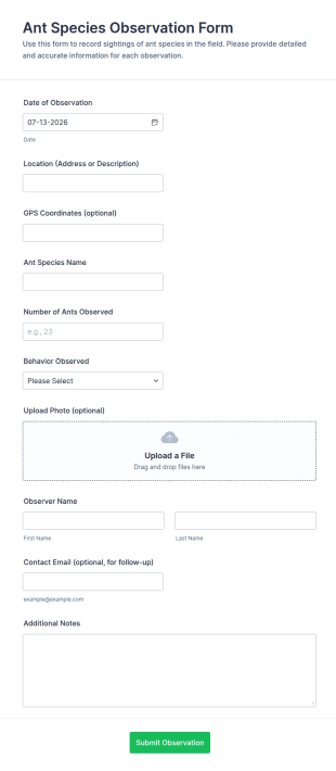Ant Species Observation Form Template
