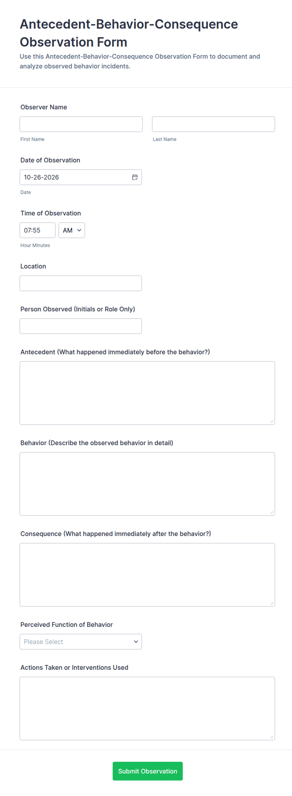 Antecedent-Behavior-Consequence Observation Form Template | Jotform