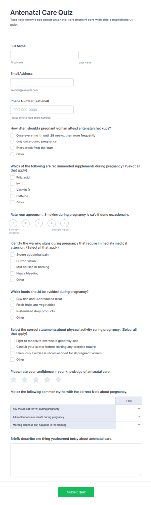 Antenatal Care Quiz Form Template