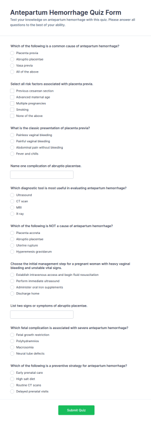 Antepartum Hemorrhage Quiz Form Template