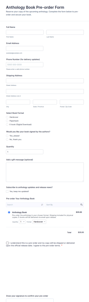 Anthology Book Pre Order Form Template