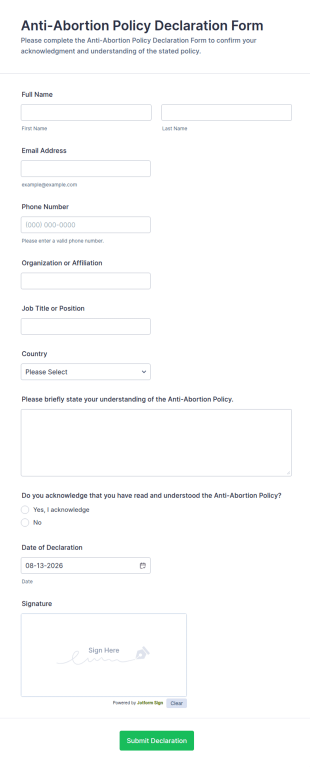 Anti Abortion Policy Declaration Form Template