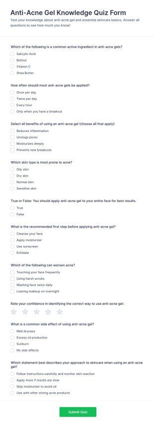 Anti Acne Gel Knowledge Quiz Form Template