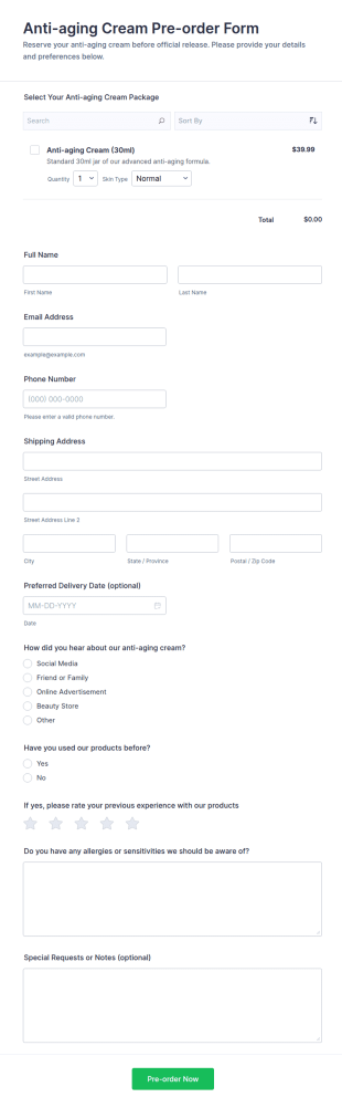 Anti Aging Cream Pre Order Form Template