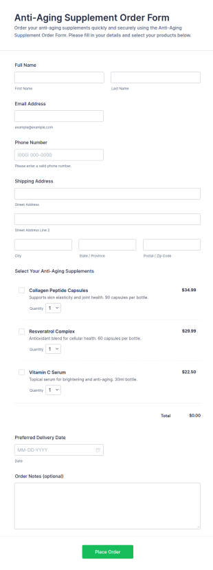 Anti Aging Supplement Order Form Template