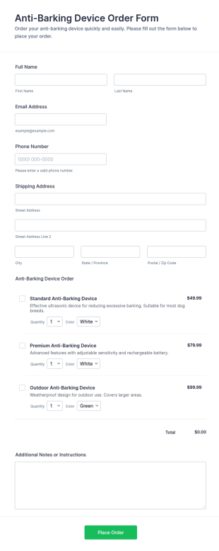 Anti Barking Device Order Form Template