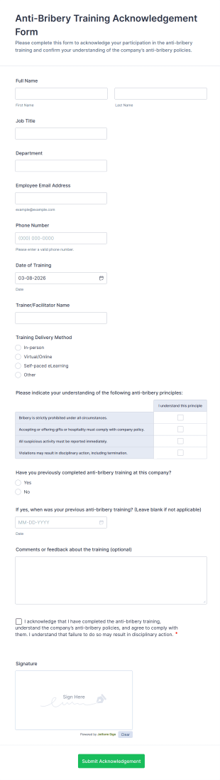 Anti Bribery Training Acknowledgement Form Template