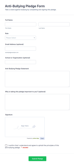 Anti Bullying Pledge Form Template