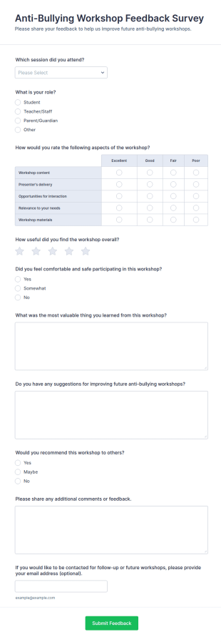 Anti Bullying Workshop Feedback Survey Form Template