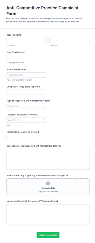 Anti Competitive Practice Complaint Form Template