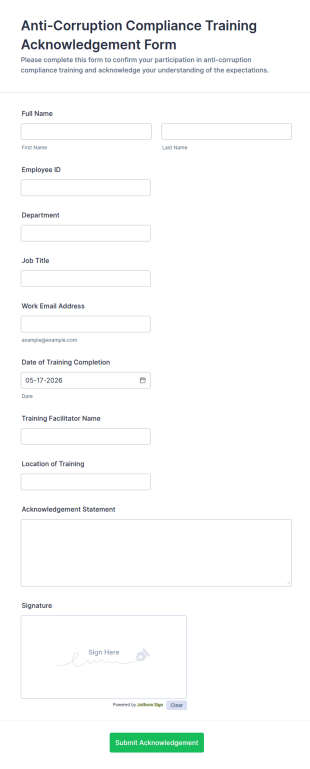 Anti Corruption Compliance Training Acknowledgement Form Template
