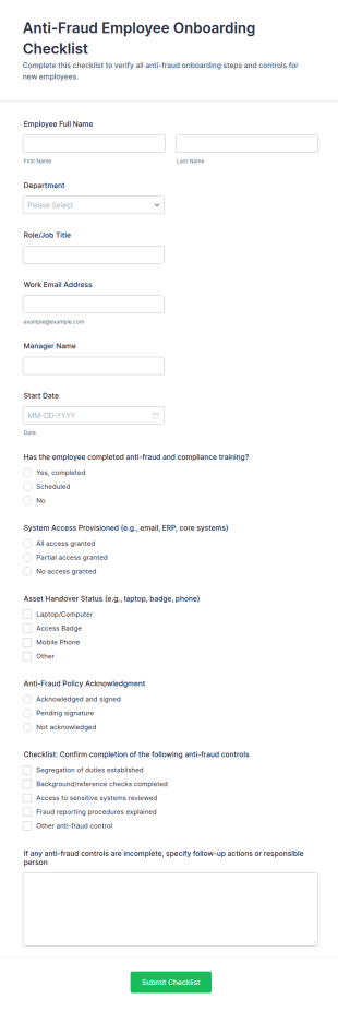 Anti Fraud Employee Onboarding Checklist Form Template