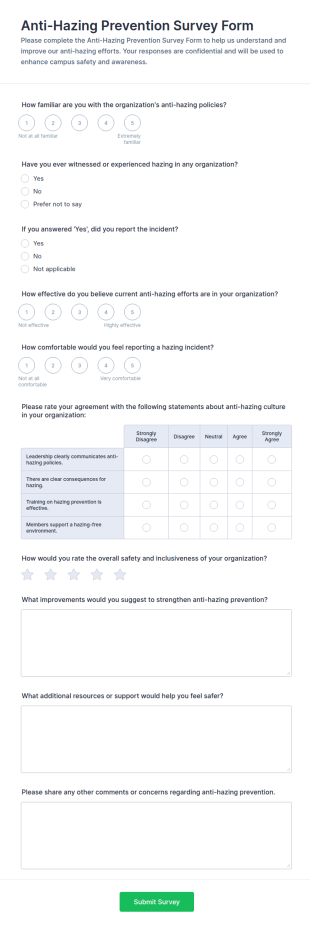 Anti Hazing Prevention Survey Form Template