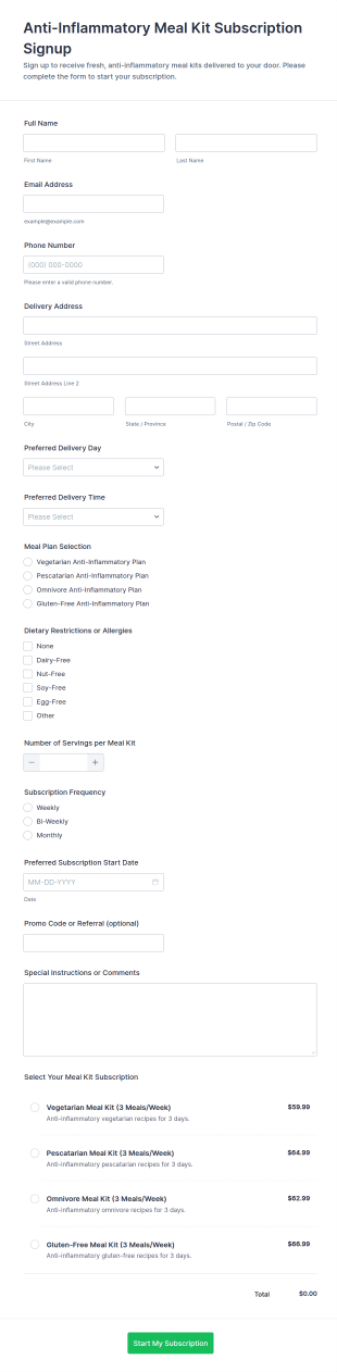 Anti Inflammatory Meal Kit Subscription Signup Form Template
