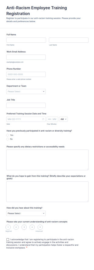 Anti Racism Employee Training Registration Form Template