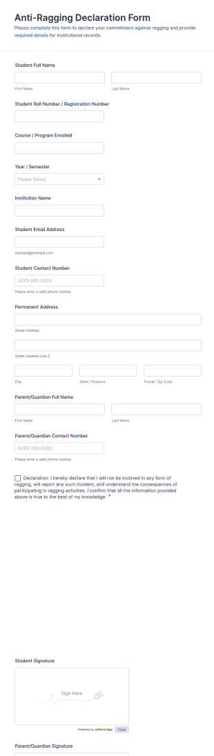 Anti Ragging Declaration Form Template