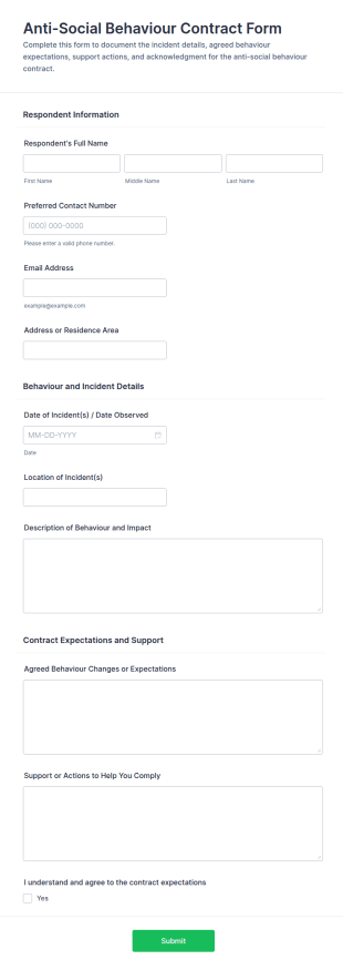 Anti Social Behaviour Contract Form Template