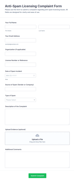 Anti Spam Licensing Complaint Form Template