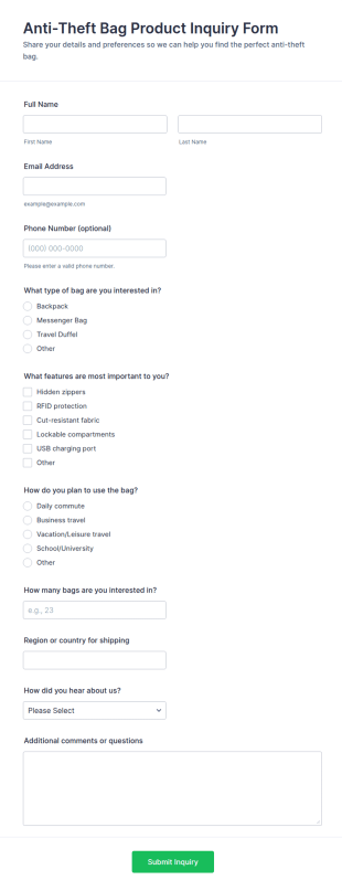 Anti Theft Bag Product Inquiry Form Template