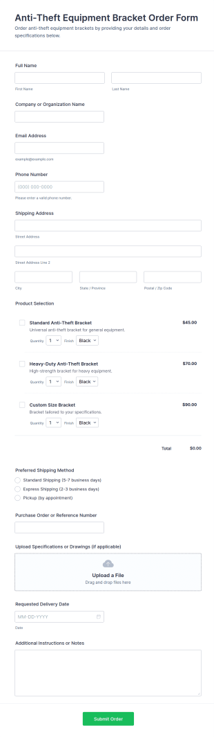 Anti Theft Equipment Bracket Order Form Template