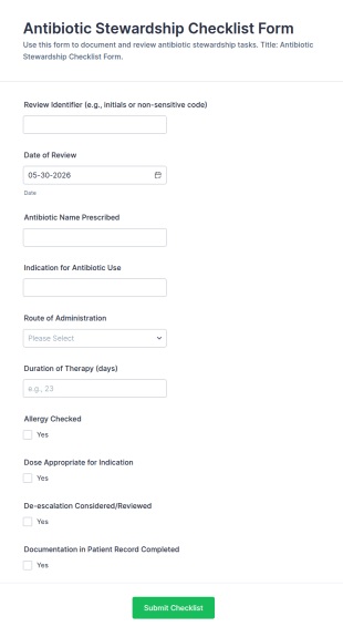 Antibiotic Stewardship Checklist Form Template
