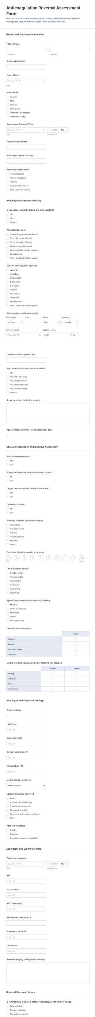 Anticoagulation Reversal Assessment Form Template