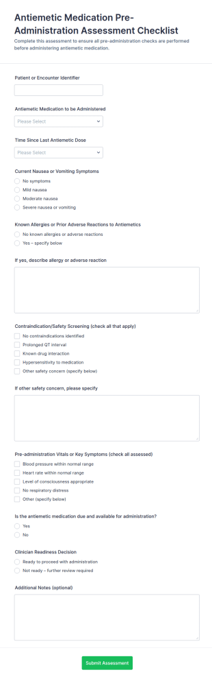 Antiemetic Medication Pre Administration Assessment Form Template