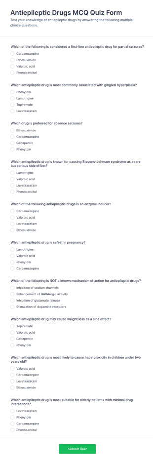 Antiepileptic Drugs MCQ Quiz Form Template