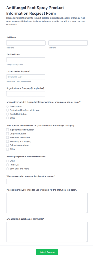 Antifungal Foot Spray Product Information Request Form Template
