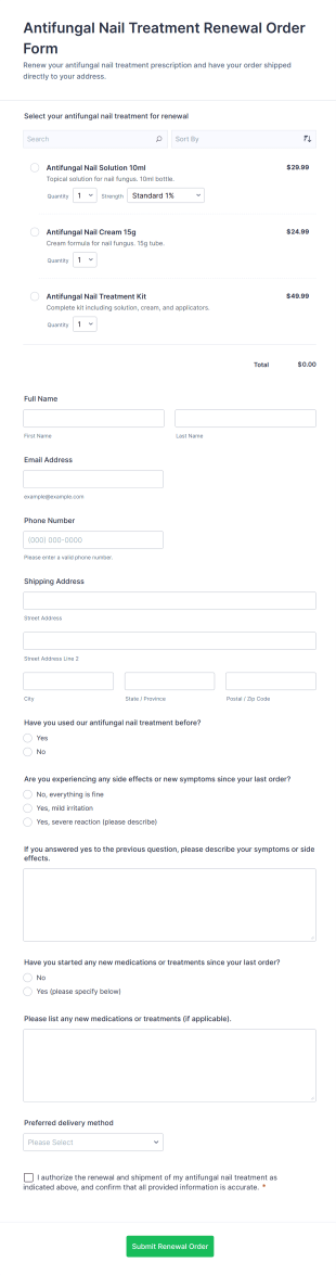 Antifungal Nail Treatment Renewal Order Form Template