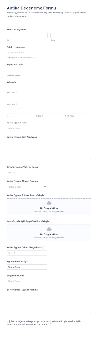 Antika Değerleme Form Şablonu