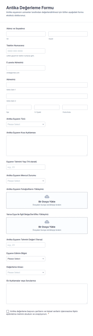 Antika Değerleme Form Şablonu