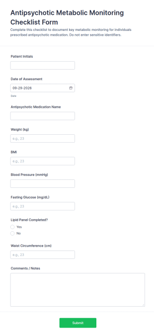 Antipsychotic Metabolic Monitoring Checklist Form Template