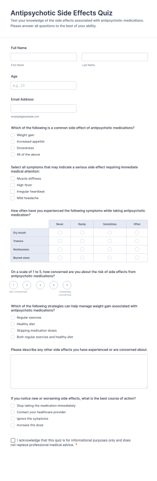 Antipsychotic Side Effects Quiz Form Template