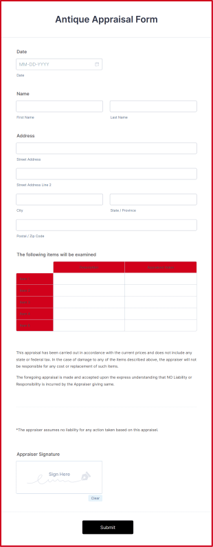Antique Appraisal Form Template
