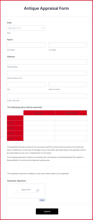 Antique Appraisal Form Template
