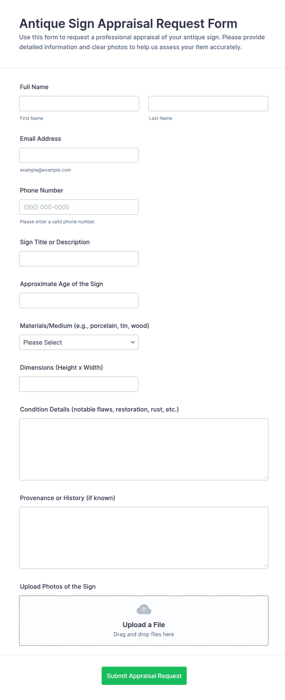 Antique Sign Appraisal Request Form Template | Jotform