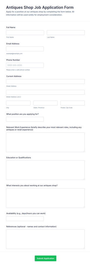 Antiques Shop Job Application Form Template