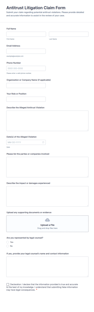 Antitrust Litigation Claim Form Template
