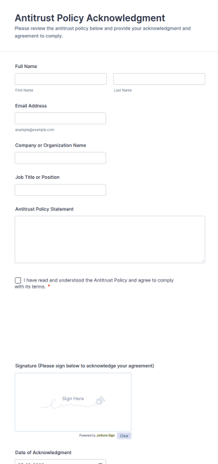Antitrust Policy Acknowledgment Form Template