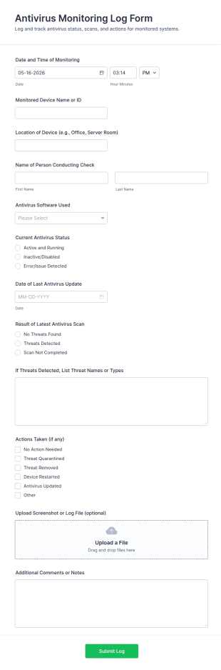 Antivirus Monitoring Log Form Template
