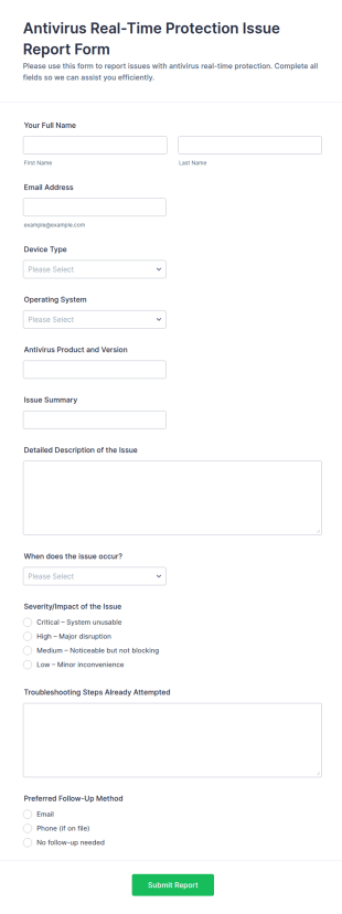 Antivirus Real Time Protection Issue Report Form Template