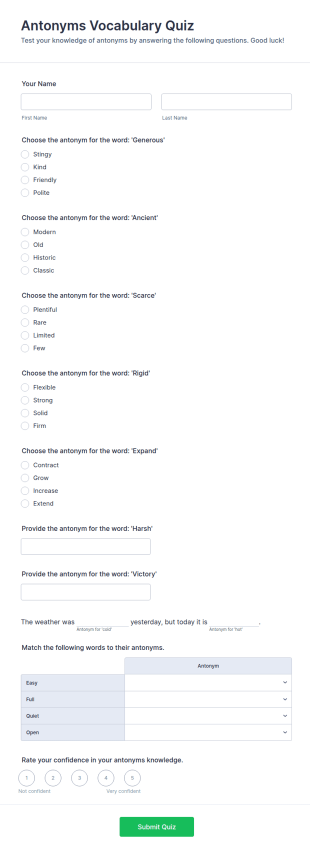 Antonyms Vocabulary Quiz Form Template
